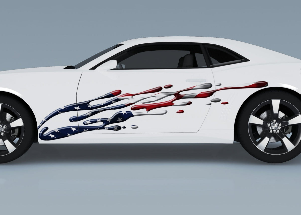 white camaro with American flag mud splash vinyl graphics on driver side