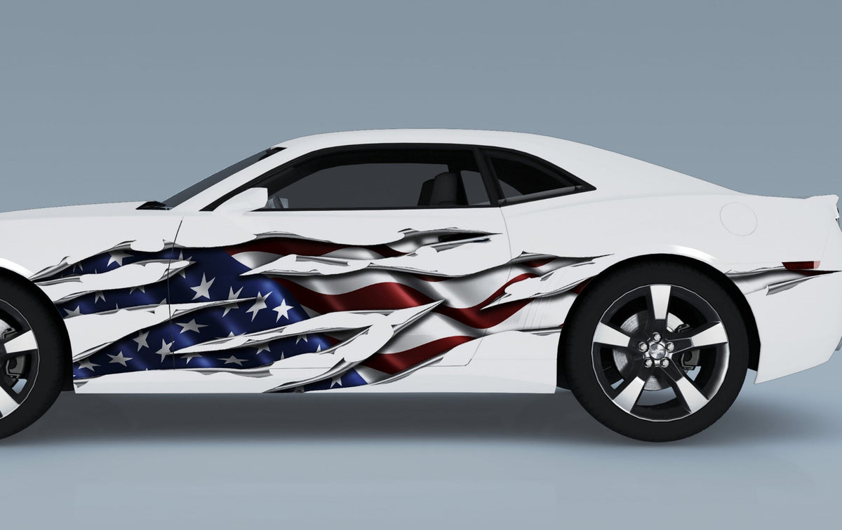white Camaro with American flag big rip on its driver side