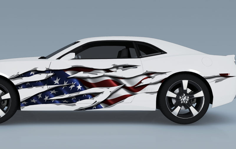 white Camaro with American flag big rip on its driver side