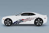 white camaro with american flag mud splash vinyl decal on driver side