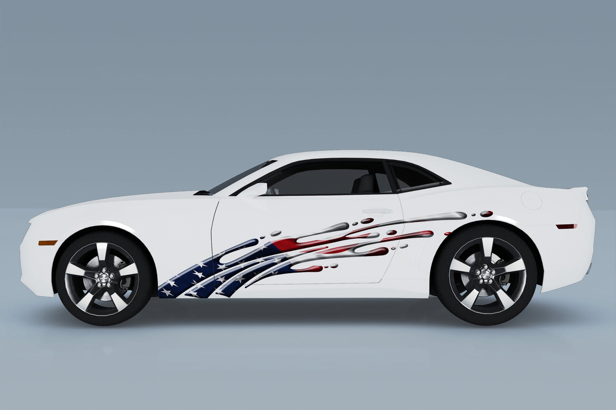 white camaro with american flag mud splash vinyl decal on driver side