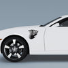 white sports car with black vinyl cobra flames graphics on its front side
