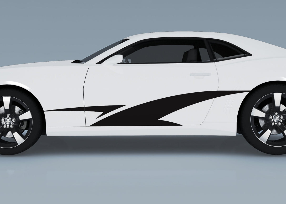 white camaro with black vinyl stripes on driver side