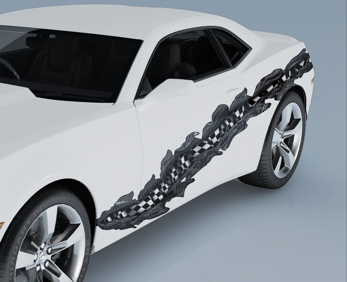 white camaro with carbon fiber checkers tear decal on driver side