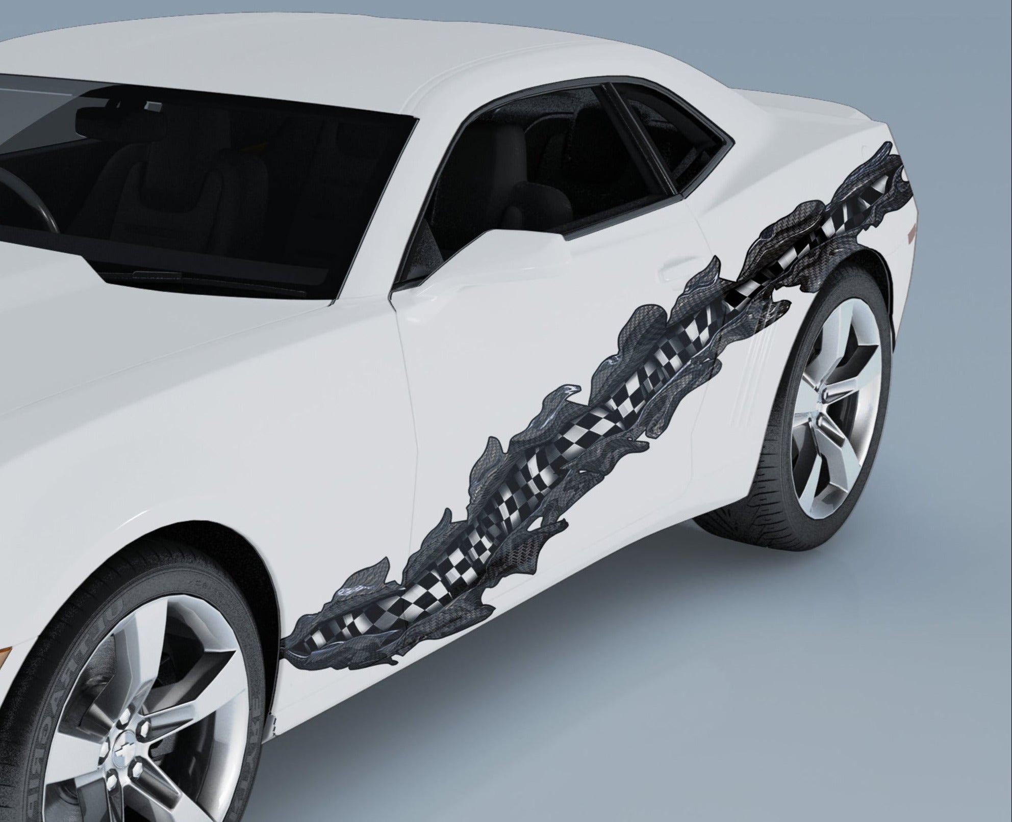 white camaro with carbon fiber checkers tear decal on driver side