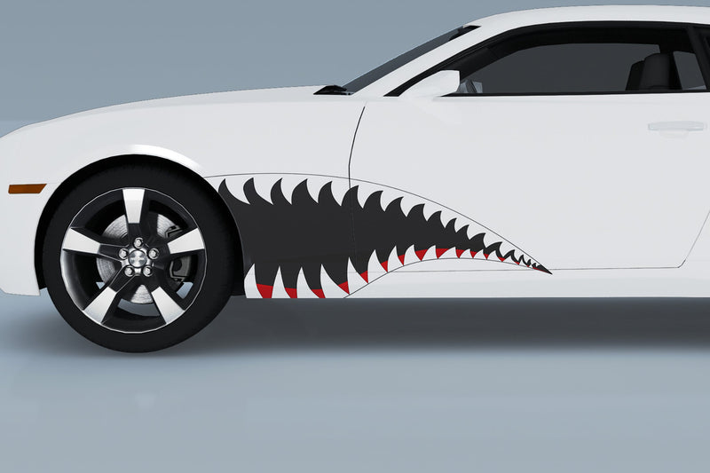 white camaro with fighter jet style teeth vinyl graphics on driver side