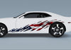 white camaro with flamesurge American flag decal on driver side