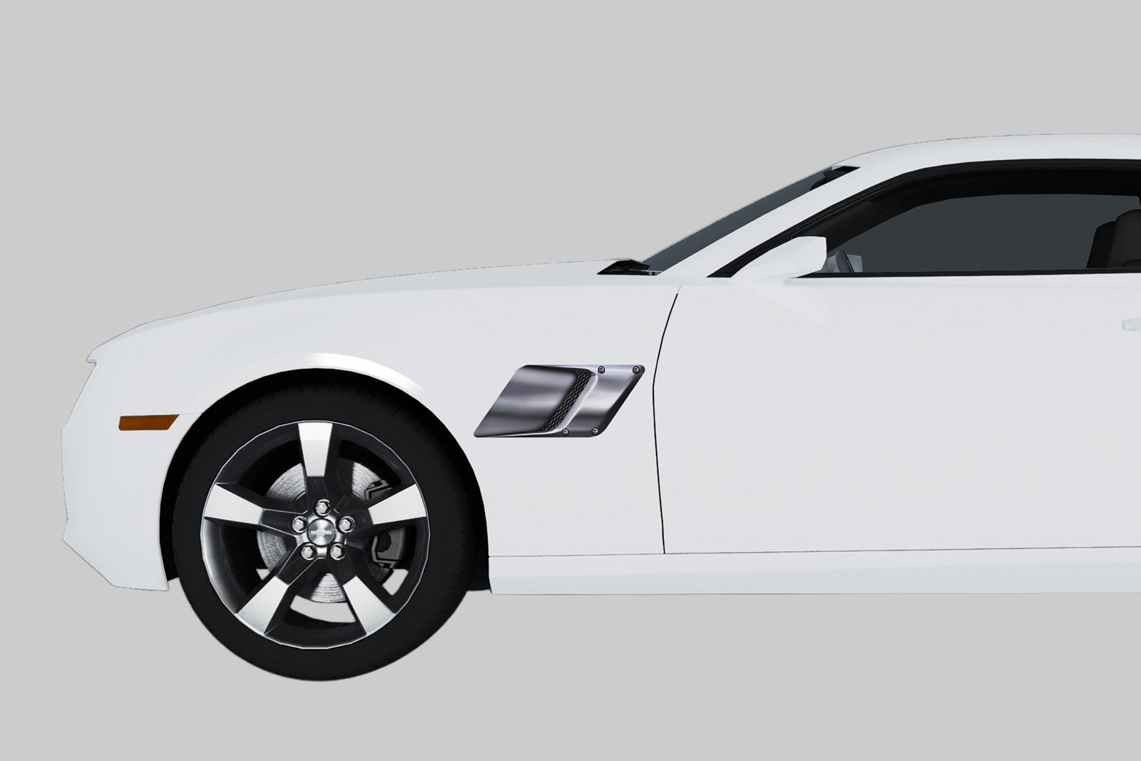 white camaro with square silver air scoop illusion decal on its driver side