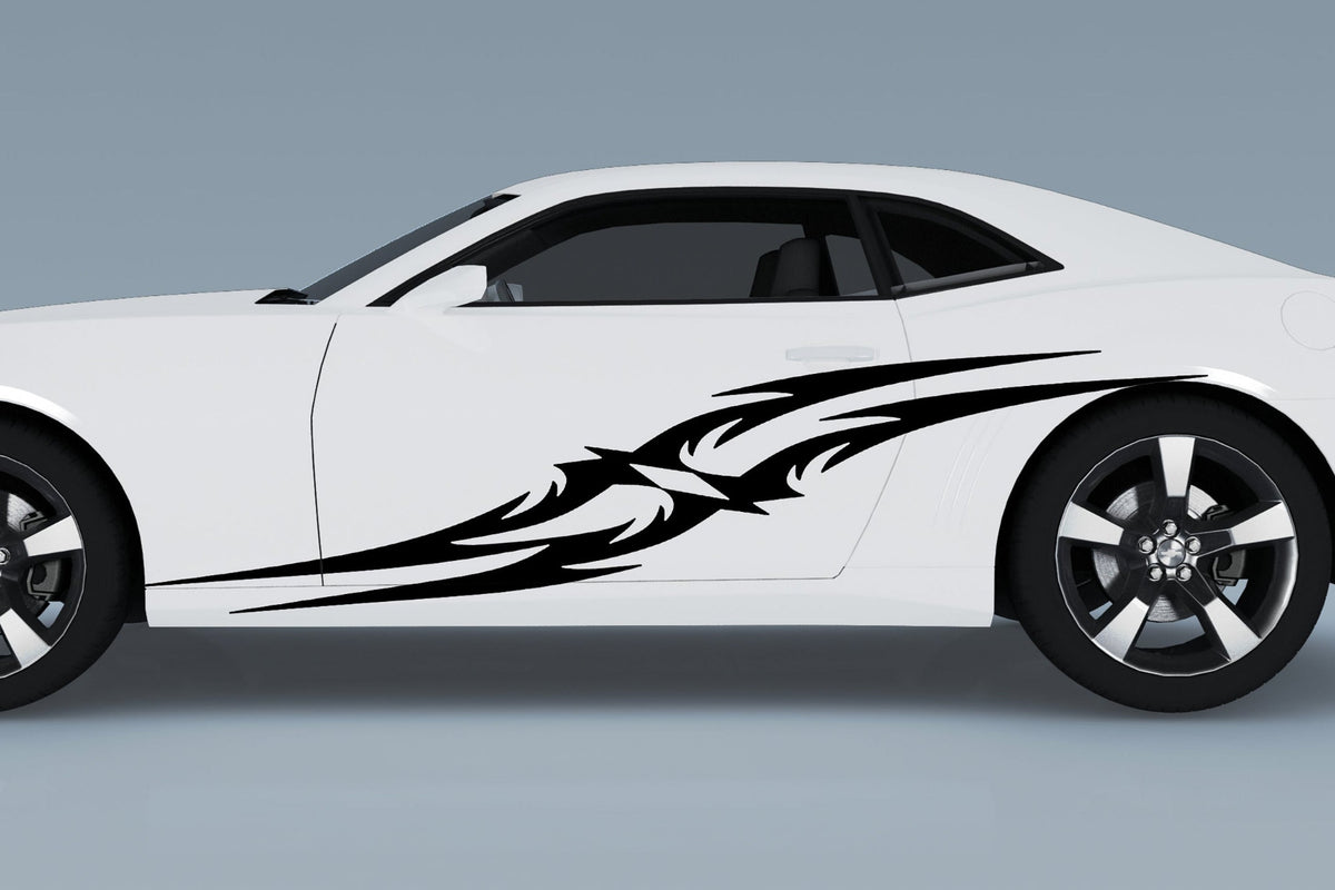 Black tribal spears vinyl cut decal on white Camaro side door graphic