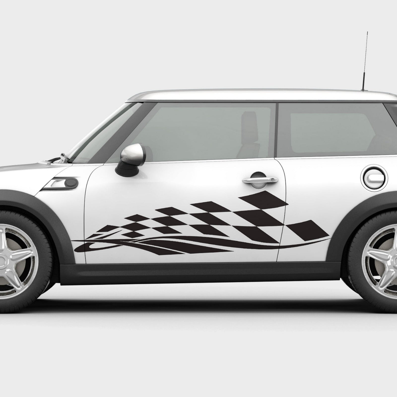 White car with black checkered decal pattern on a white background