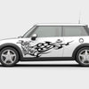 white mini cooper car with leopard flames vinyl graphics on driver side