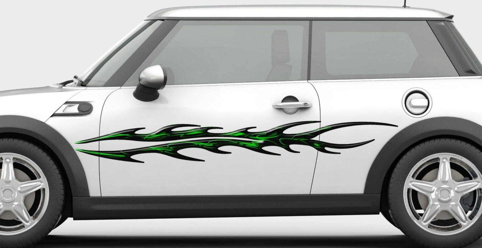 white pickup with black split flames vinyl decals on driver side 