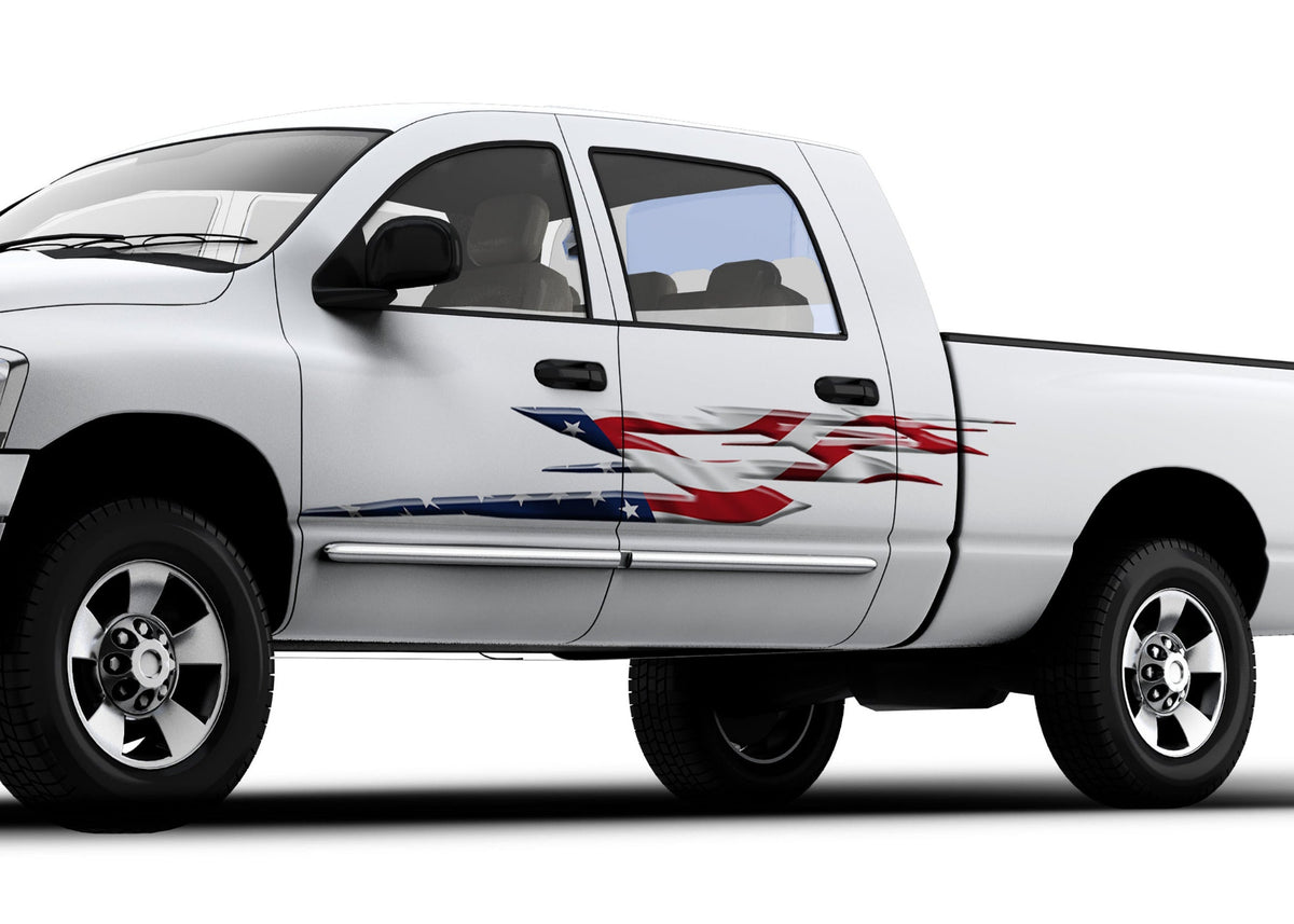 white pickup truck with american flag spearfire flames vinyl decal on driver side