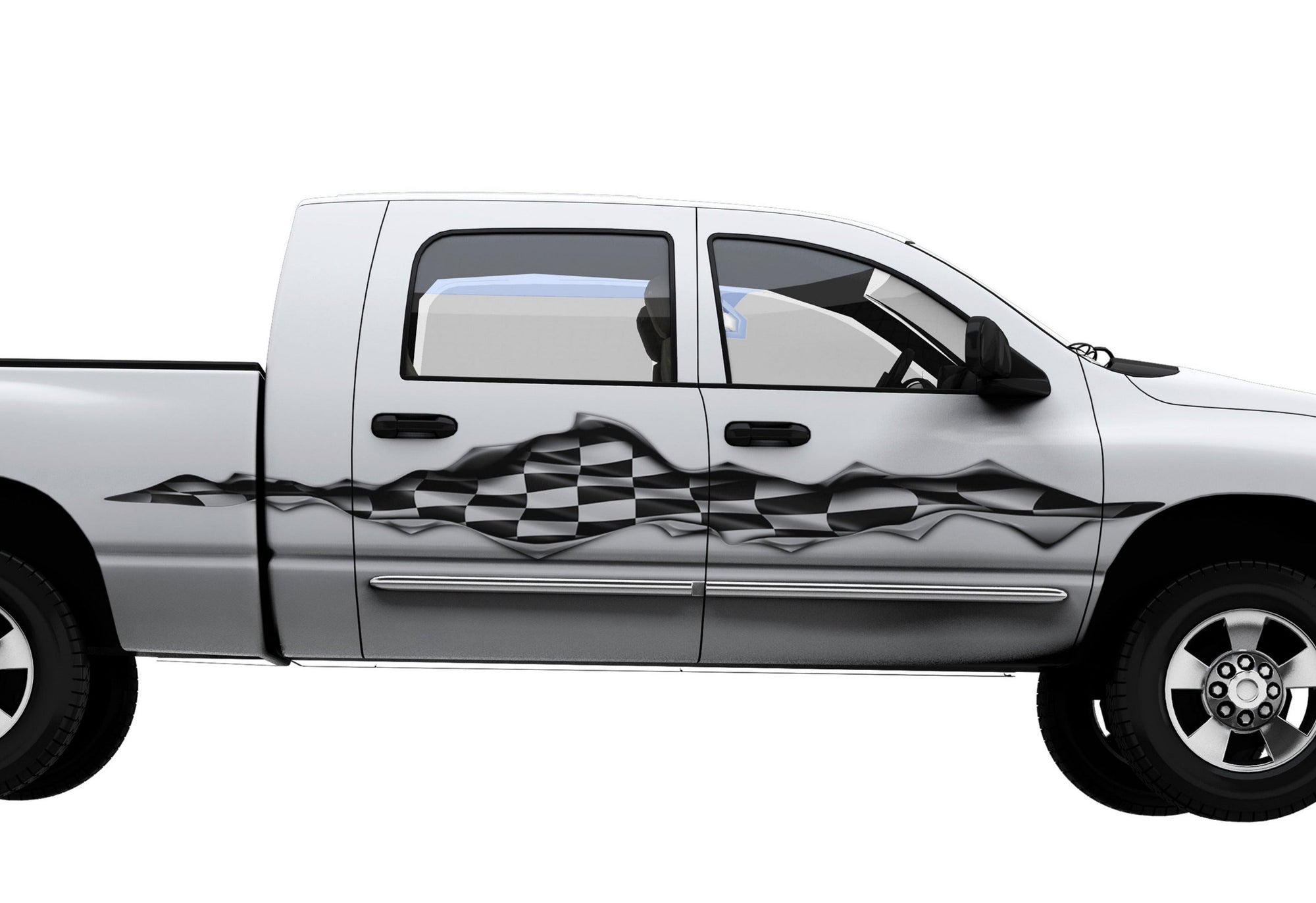 white pickup truck with checkers rip vinyl decal on its cab side