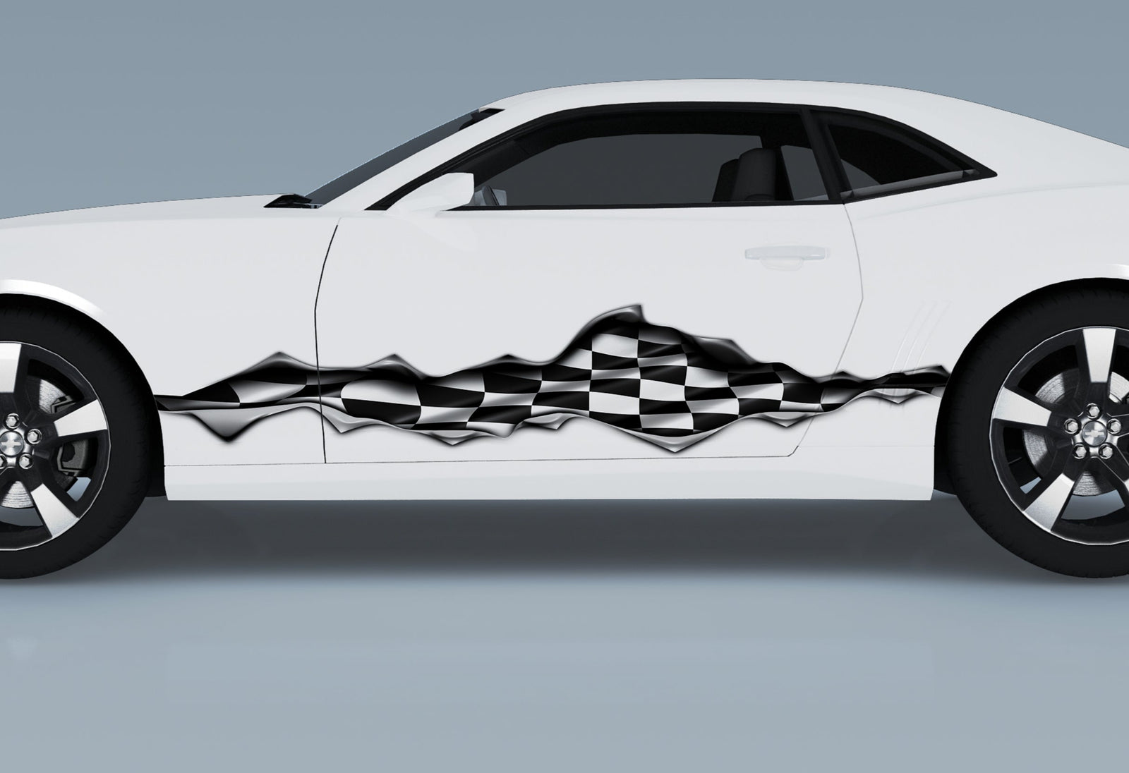 white pickup truck with checkers rip vinyl decal on its cab side