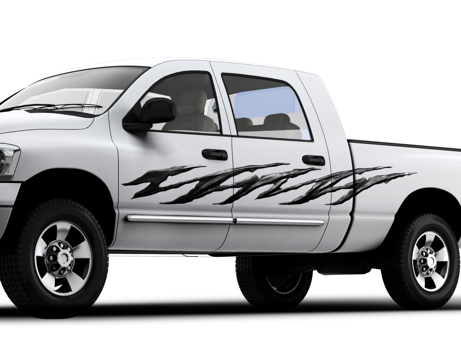 White pickup truck with black jagged graphics on its side