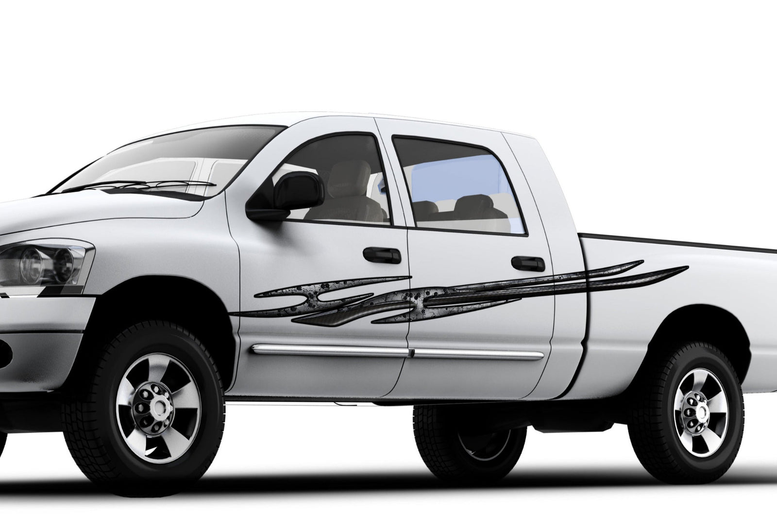 white pickup truck with metal style tribal spike vinyl decal on driver side