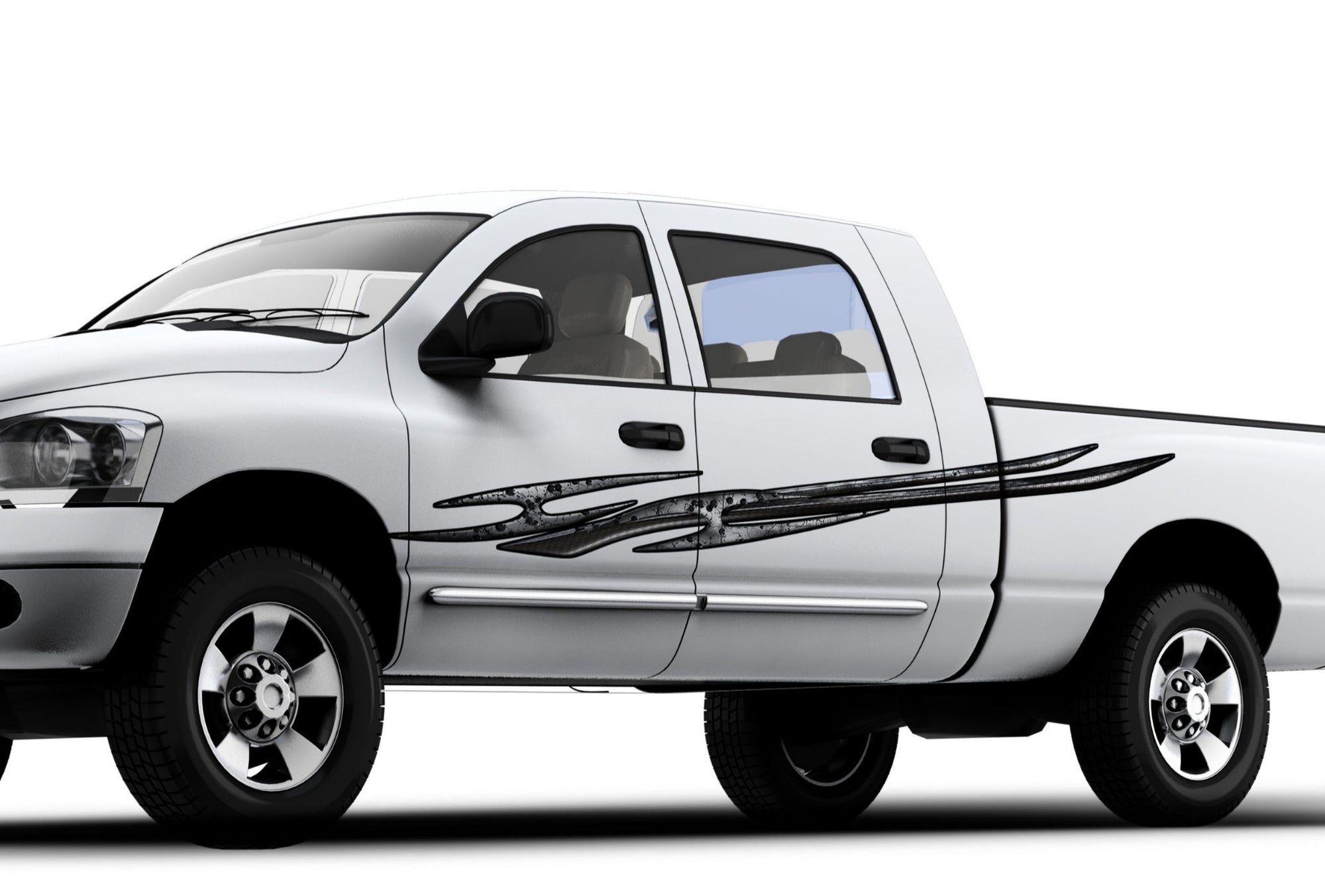 white pickup truck with metal style tribal spike vinyl decal on driver side