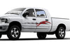 White pickup truck with a red silver twister vinyl graphic on driver side 