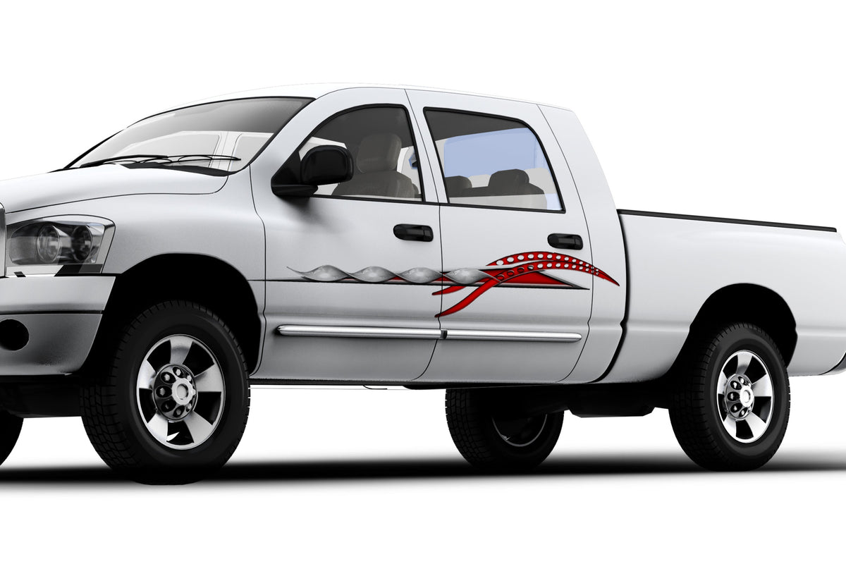 White pickup truck with a red silver twister vinyl graphic on driver side 