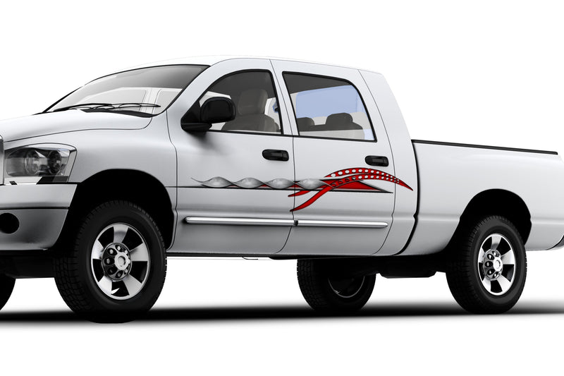 White pickup truck with a red silver twister vinyl graphic on driver side 