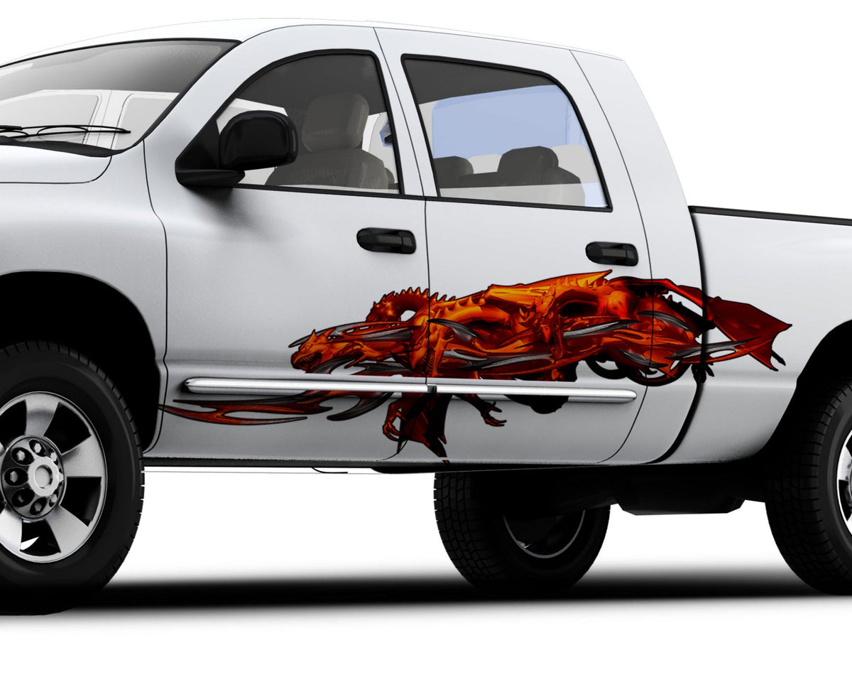 white pickup truck with tribal orange dragons vinyl graphics on its driver side