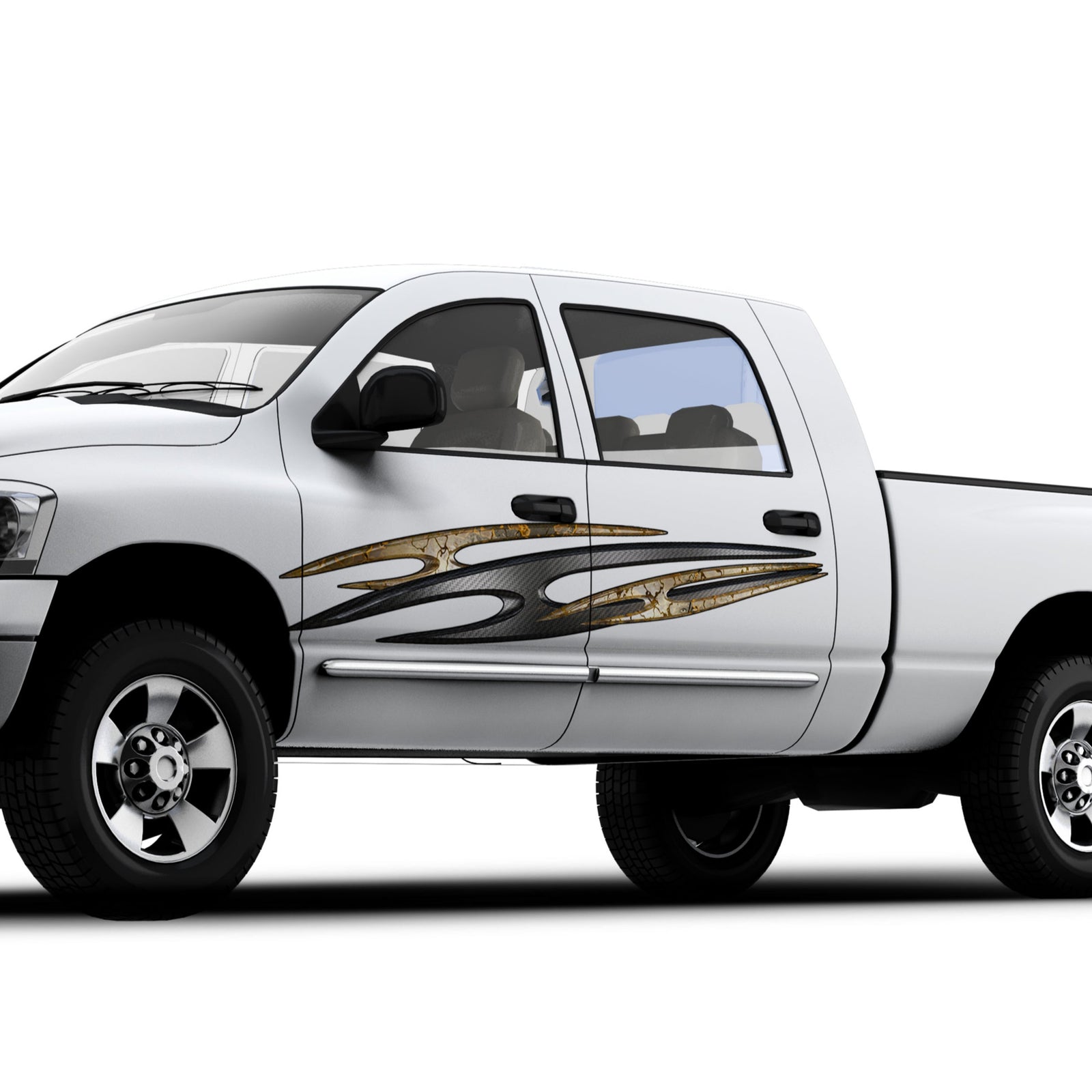 white pickup truck with tribal zion carbon fiber spear decal on driver side