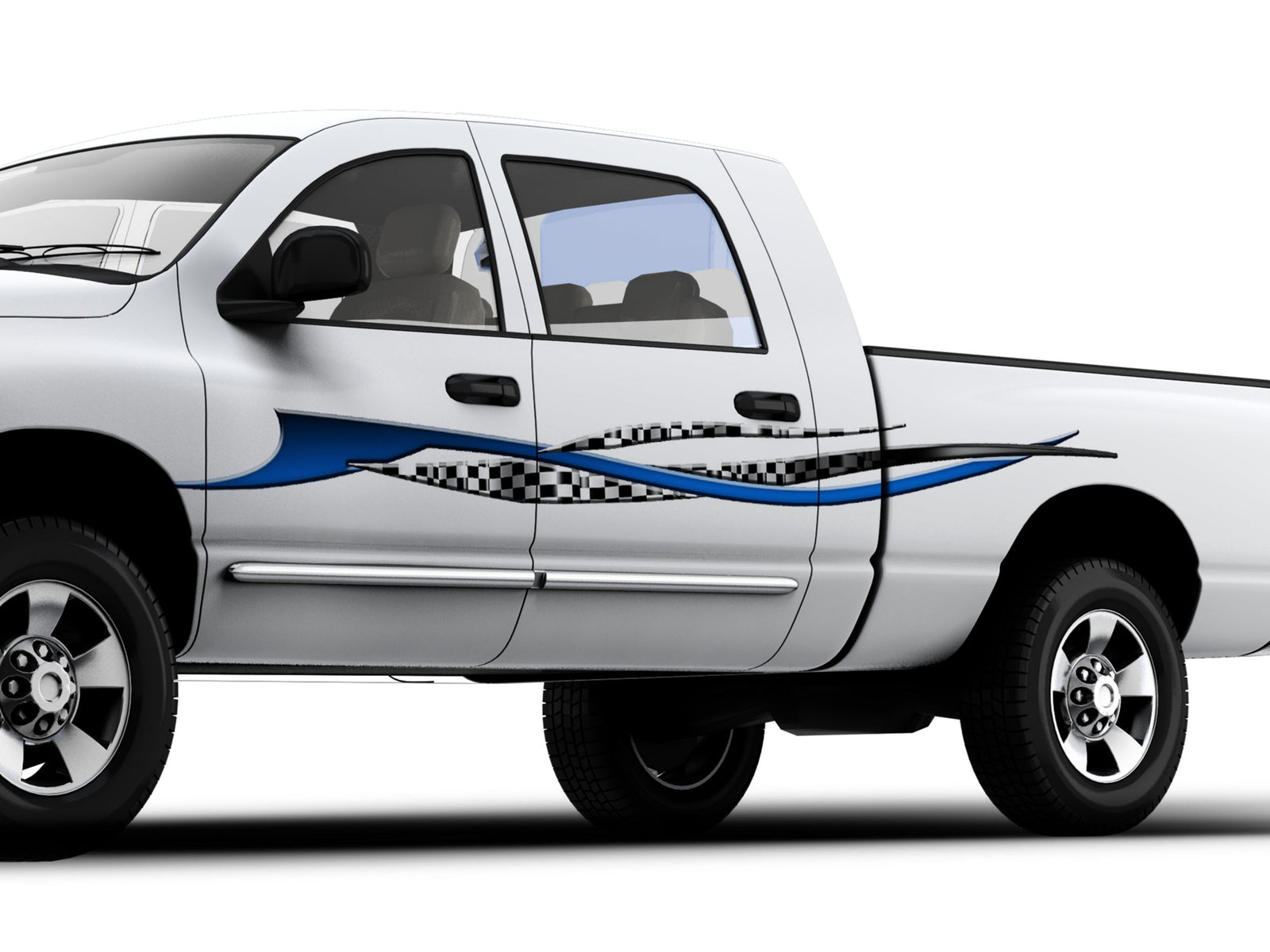 White pickup truck with blue stripe graphics on its driver side