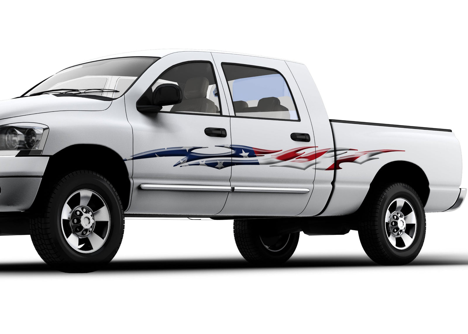 white pickup with American flag Flames stripe vinyl decal on driver side