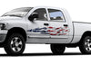 white pickup with American flag razor flames vinyl graphics on driver side