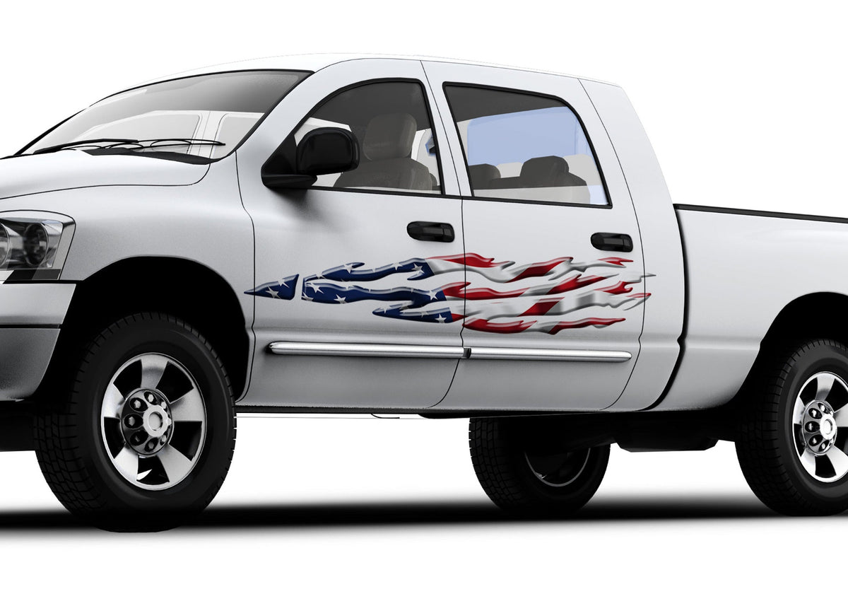 white pickup with American flag razor flames vinyl graphics on driver side