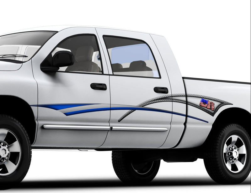 white pickup with American flag stripe on driver side 