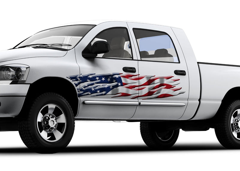 white pickup with american flag flames vinyl graphics on driver side