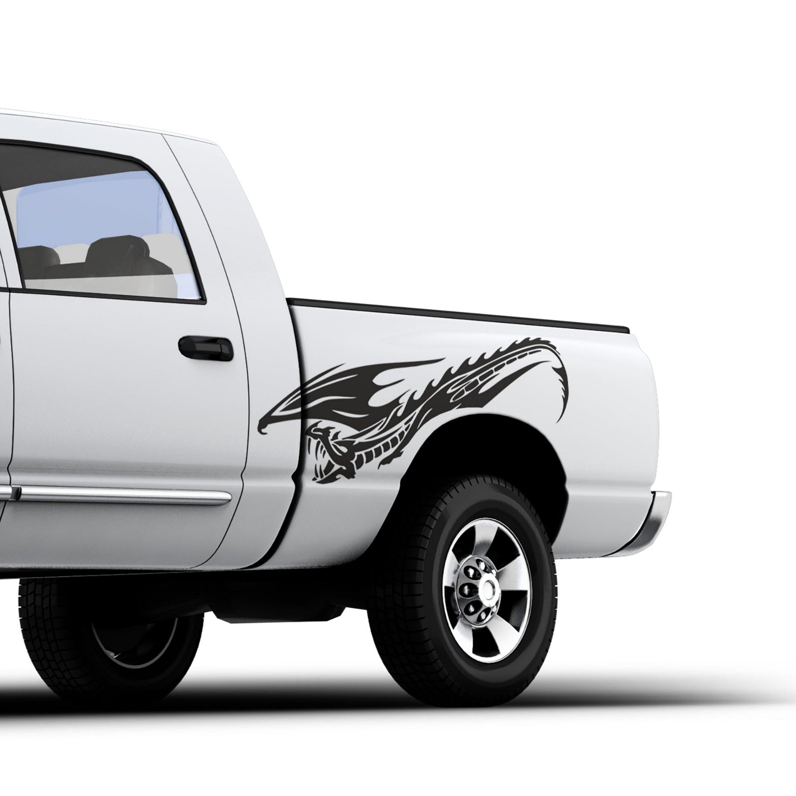 A car with a white body and a vinyl cut decal of a flying dragon graphic on the side door.