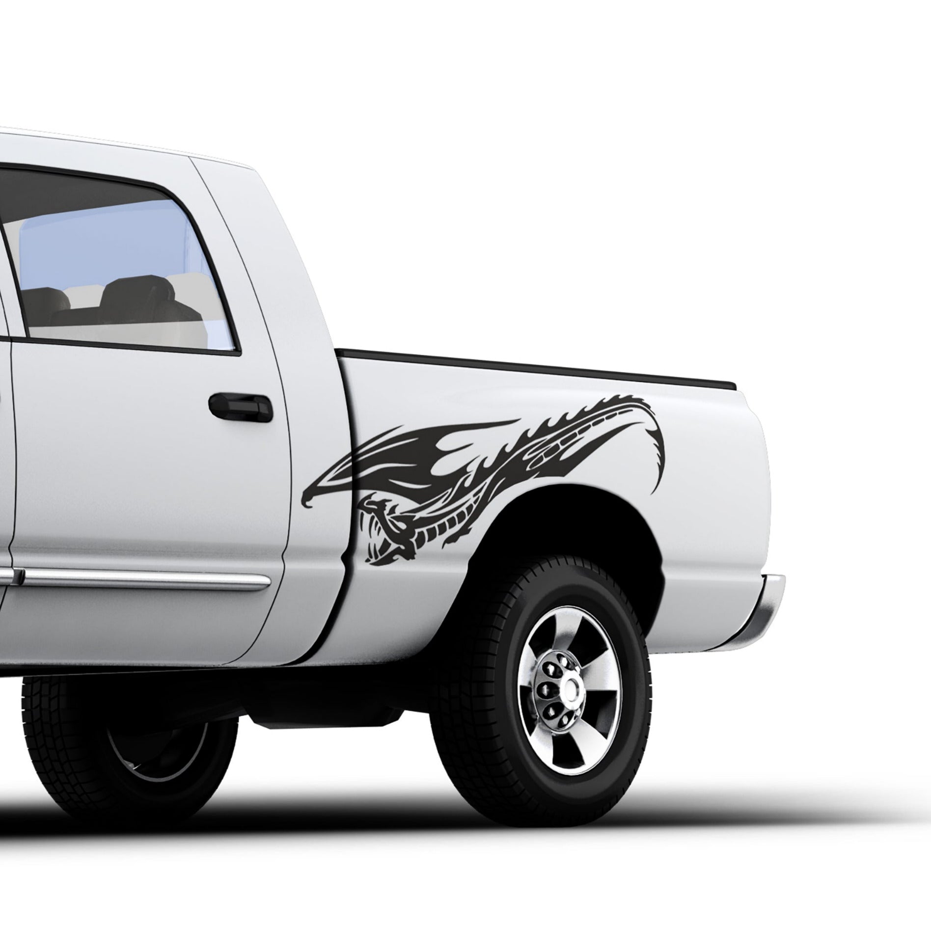 A car with a white body and a vinyl cut decal of a flying dragon graphic on the side door.