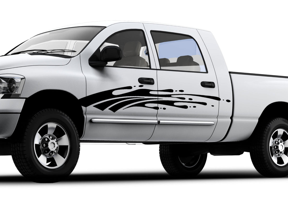 white pickup with black mud splash vinyl cut decal on driver side