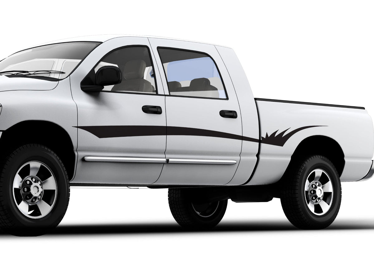 white pickup with black thorn stripe decal on driver side