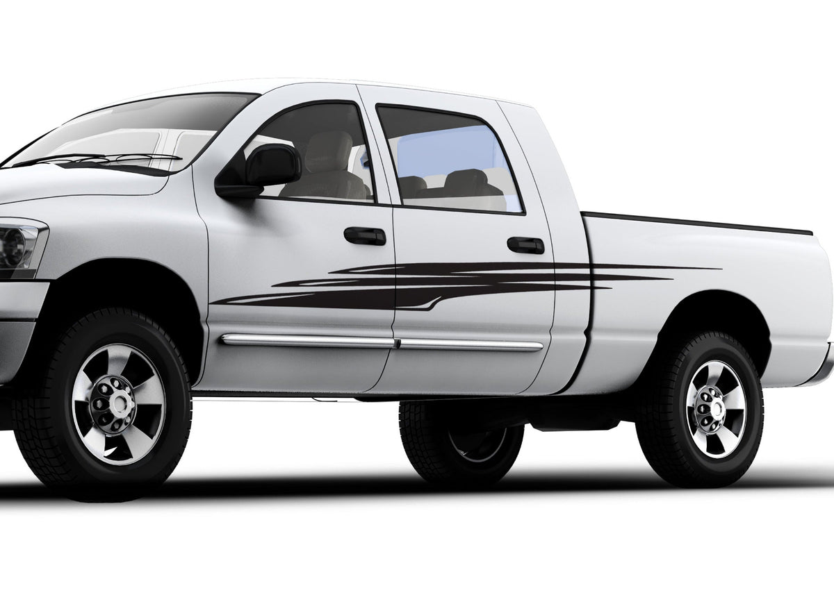 white pickup with black vinyl falcon wing decal or driver side