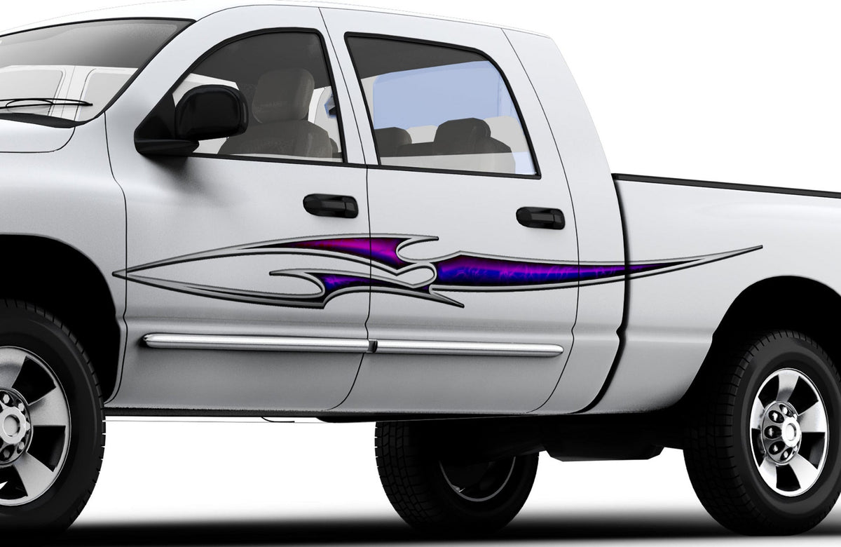 white pickup with blade neon storm graphic stripe on driver side