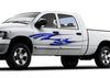 white pickup with blue Aero spike vinyl graphics on driver side