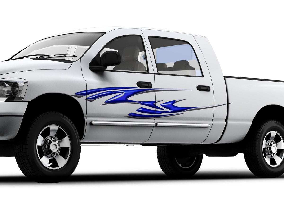 white pickup with blue Aero spike vinyl graphics on driver side