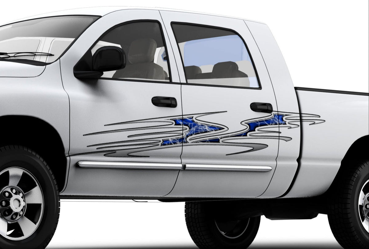 white pickup with blue beast lightning vinyl graphics on driver side