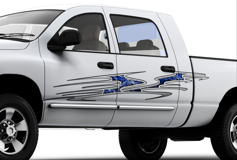 white pickup with blue beast lightning vinyl graphics on driver side