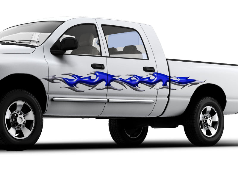 white pickup with blue chrome tribal flames vinyl graphics on driver side