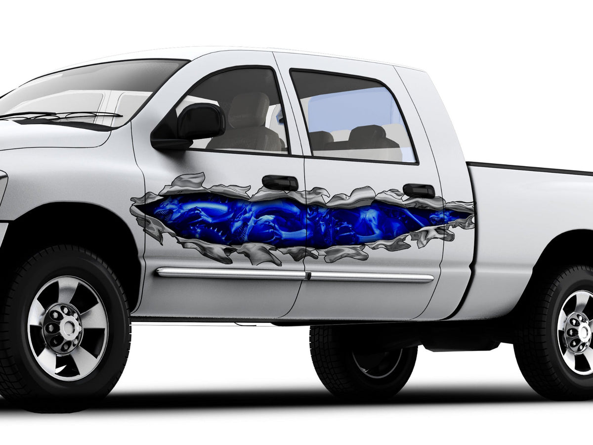 white pickup with blue dragons chrome tear  vinyl graphics on driver side