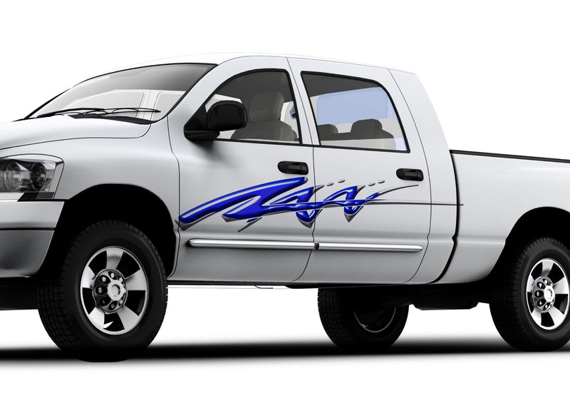 white pickup with blue spear arc vinyl decal on driver side