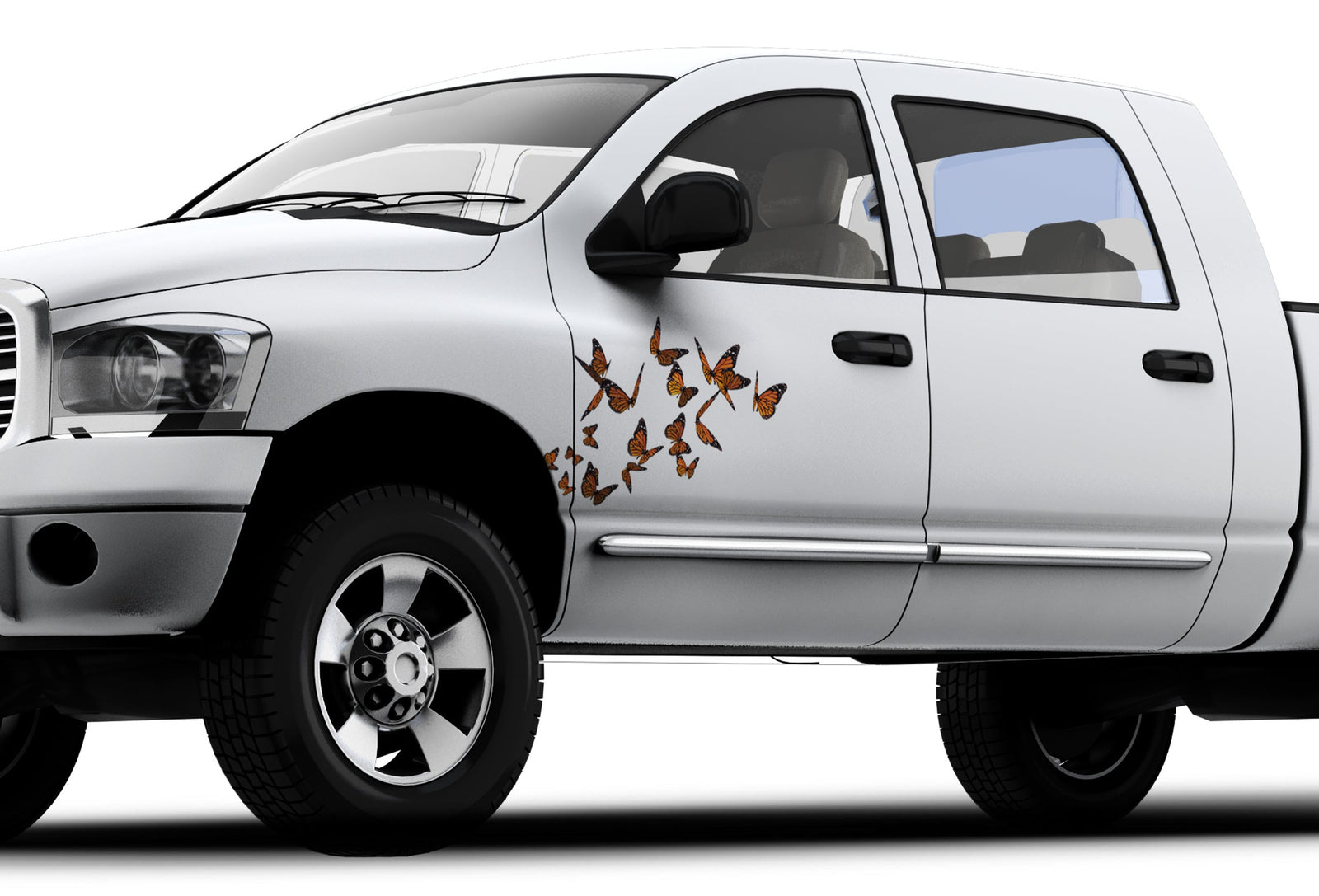 white mini cooper with butterflies decals on drivers door side view