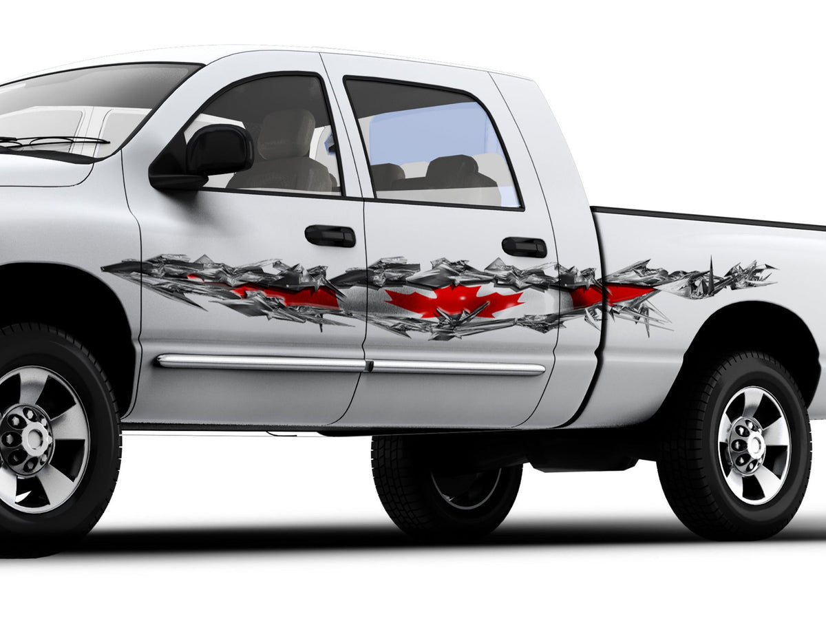 white pickup with canadian flag ripper tear vinyl graphics on driver side