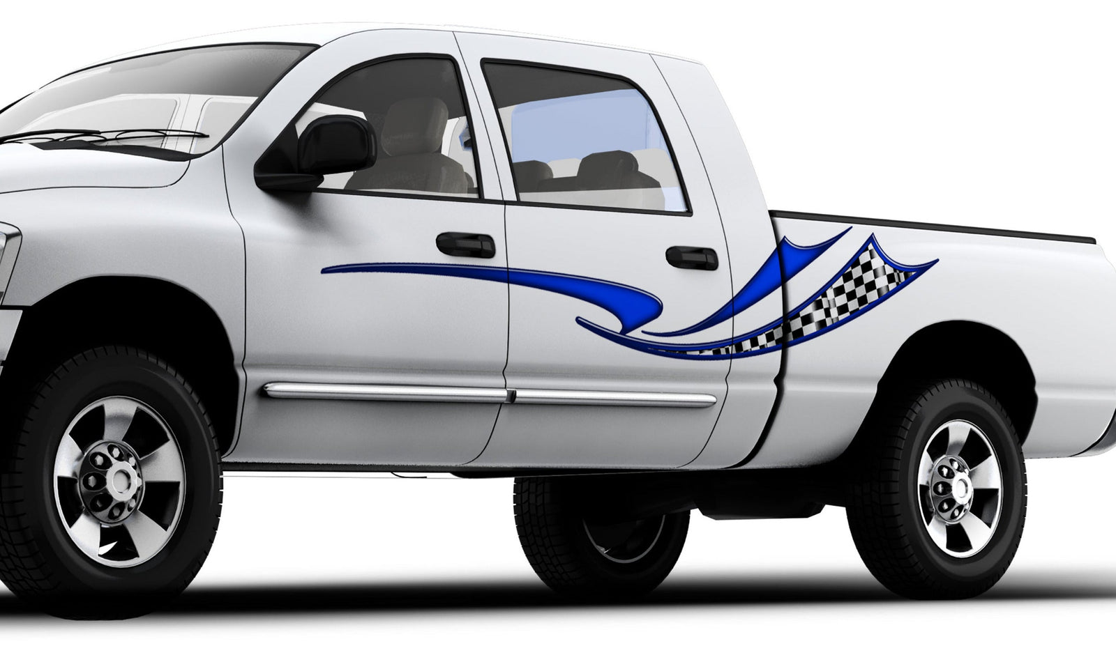 white pickup with checkered flag blue wave stripe on driver side