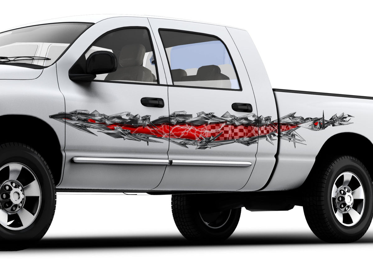 white pickup with checkers ripper tear decal on driver side